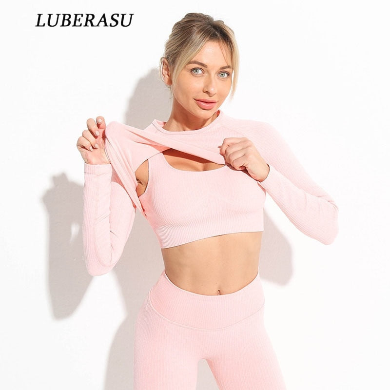 2 Piece Yoga Set Gym Clothing Women's Threaded Tracksuit Crop Top Bra High Waist Leggings Workout Clothes For Women Sports Suit