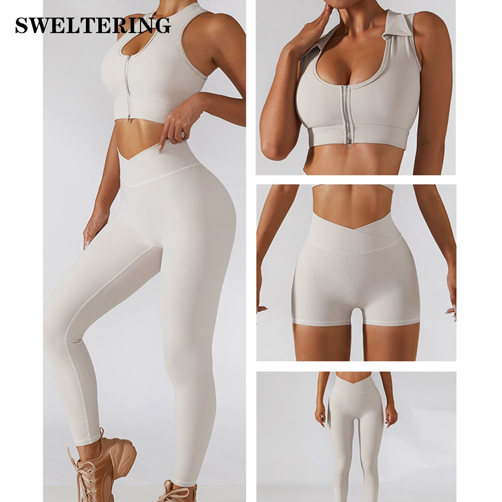 Chest Zipper Yoga Suit Women's Tracksuits Seamless Gym Workout Clothes 2 PCS Sexy Sportswear High Waist Leggings Bra Sports Set